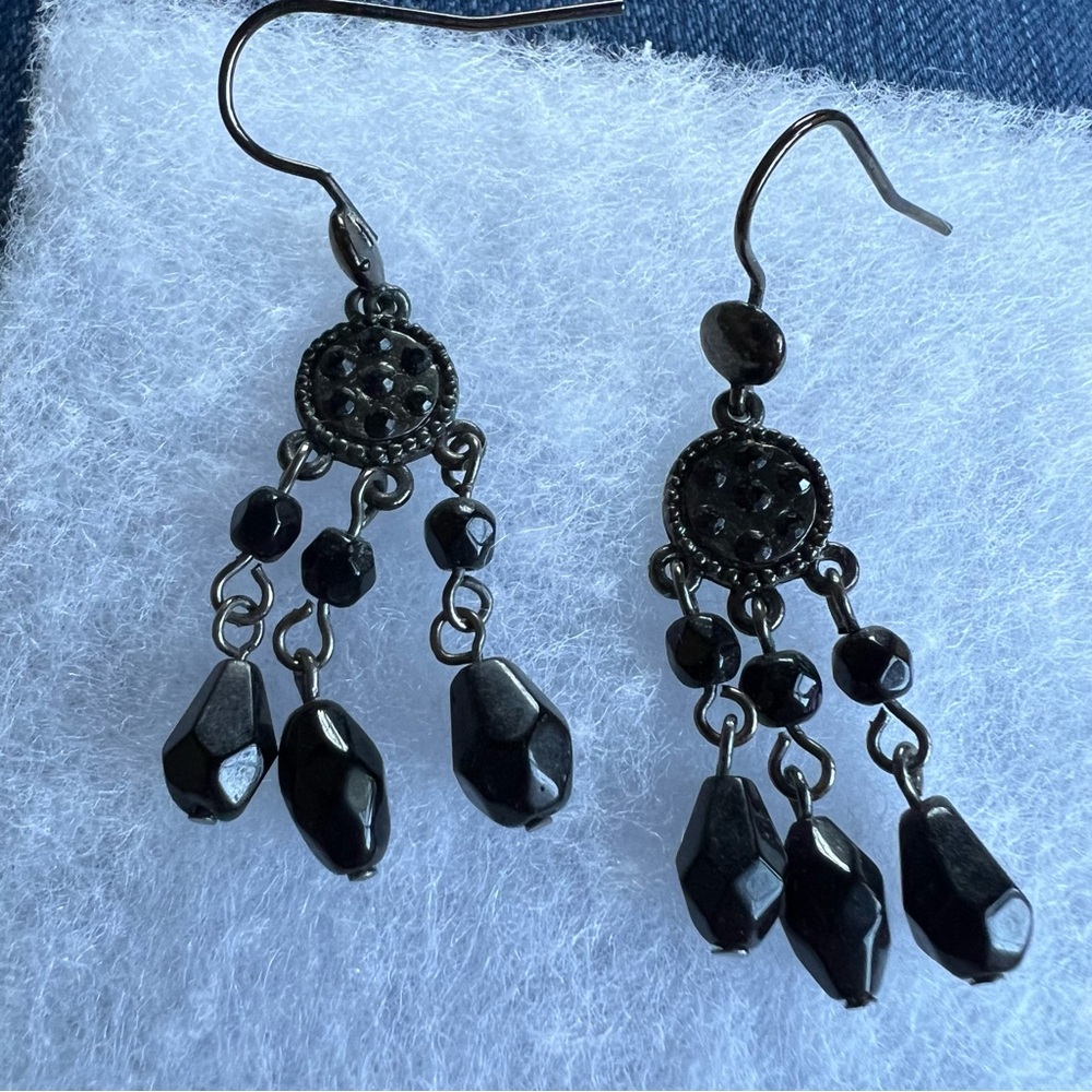 Dangly Black Beaded Earrings with black accents.